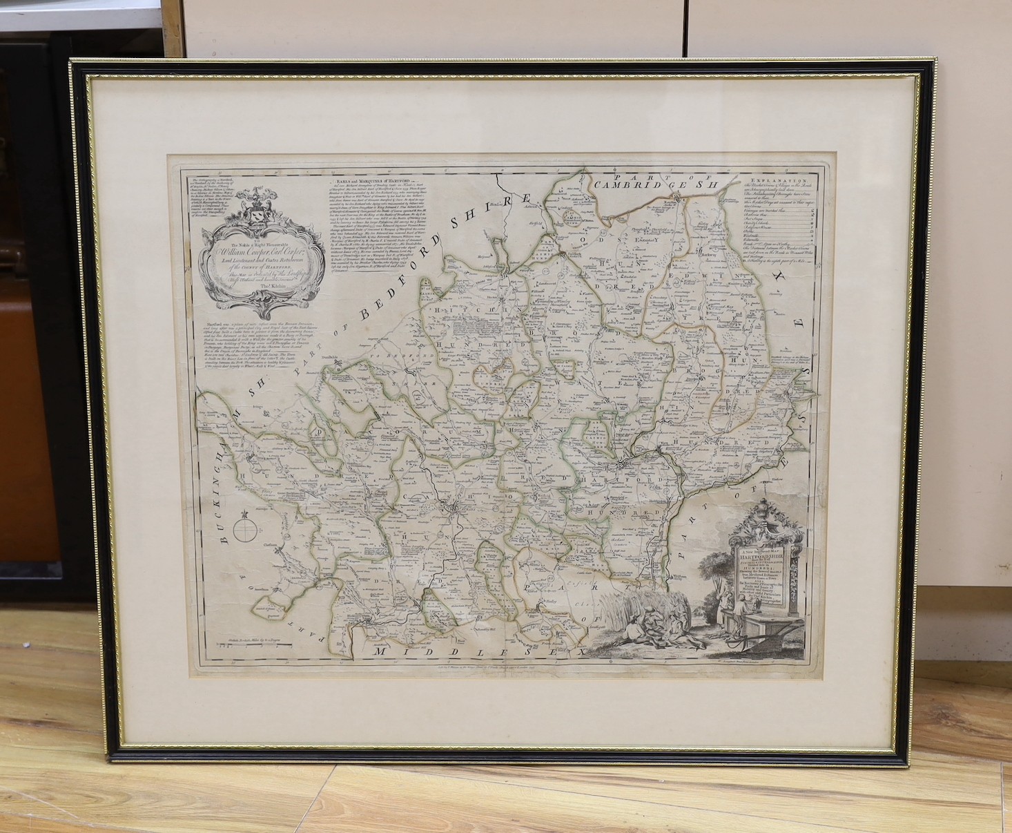 Thomas Kitchin, coloured engraving, A New and Improved Map of Hartfordshire (sic), sold by J. Hinton, London, 1749, 55 x 67cm